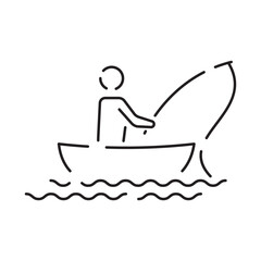 Minimal fishing icon of outdoor recreation including line, lure, lake, boat, dock, hook, pole, reel, worm, tackle box and clothing such as waders and a vest