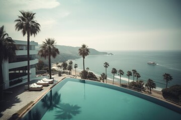 Outdoor tourism landscape. Luxurious beach resort with swimming pool. Summer travel and vacation background concept