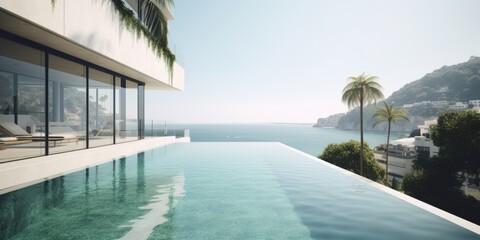 Fototapeta premium Outdoor tourism landscape. Luxurious beach resort with swimming pool. Summer travel and vacation background concept