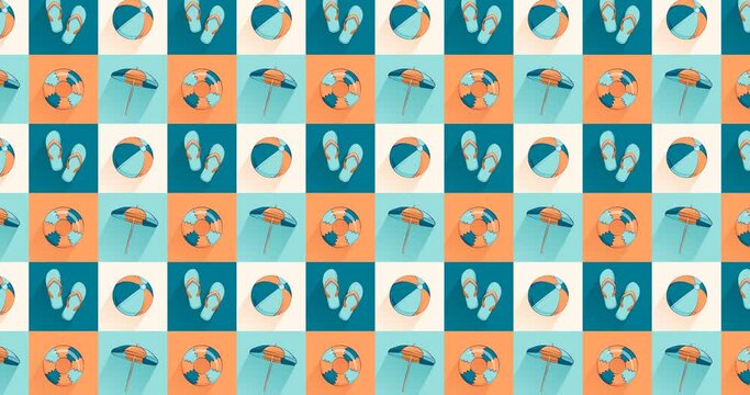 4K animated pattern of with beach accessories moving from top to bottom. Summer colorful pattern in a hand-drawn style creating a repeatable background. Horizontal video.