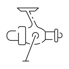 Minimal fishing icon of outdoor recreation including line, lure, lake, boat, dock, hook, pole, reel, worm, tackle box and clothing such as waders and a vest