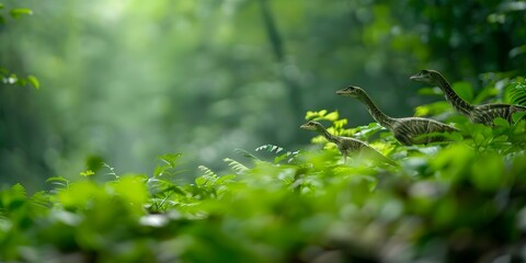 Compsognathus family foraging in a lush forest with scattered leaves in a realistic setting. Concept Prehistoric Dinosaur, Compsognathus Family, Forest Setting, Foraging, Realistic Diorama