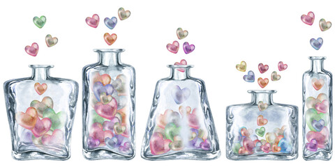 Seamless border of transparent glass bottles with pearl multicolor hearts. Watercolor illustration of love potion for Valentine's day, wedding, interior decor, aromatic oils, alcohol, alchemy, cooking