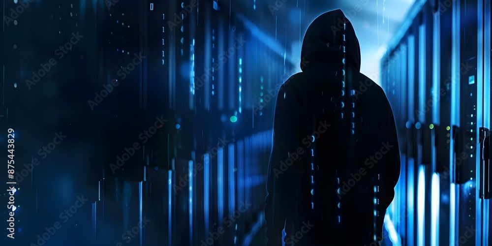 Poster government server breached by hacker using supercomputer against dark blue background. concept gover