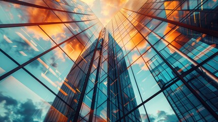 Fototapeta premium Abstract composition of a modern skyscraper's glass facade, featuring reflections of nearby buildings and a dramatic sky overhead.