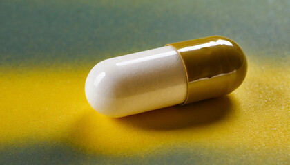 Close-up of a single, two-toned (white and golden-brown) pharmaceutical capsule on a textured, multicolored background with green and yellow gradient, showcasing medication or supplement concept