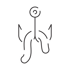 Minimal fishing icon of outdoor recreation including line, lure, lake, boat, dock, hook, pole, reel, worm, tackle box and clothing such as waders and a vest