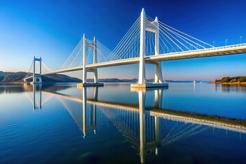 Fototapeta premium Sleek white suspension bridge stretches elegantly across serene blue sky, showcasing stunning architecture and perfect symmetry amidst a tranquil, cloudless atmosphere.
