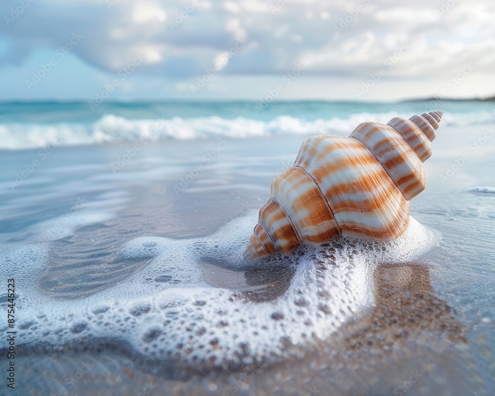 Poster close-up of a seashell on a sandy beach with waves crashing in the background.