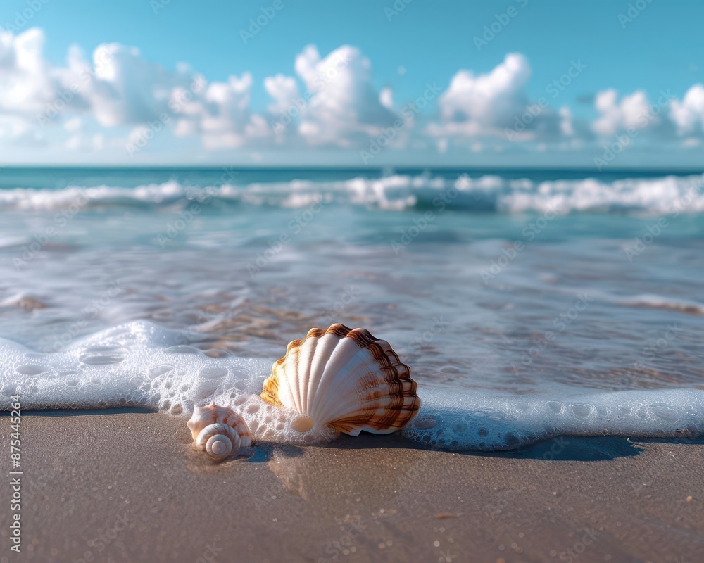 Poster A seashell on a sandy beach with waves in the background is captured in a mesmerizing close-up shot.