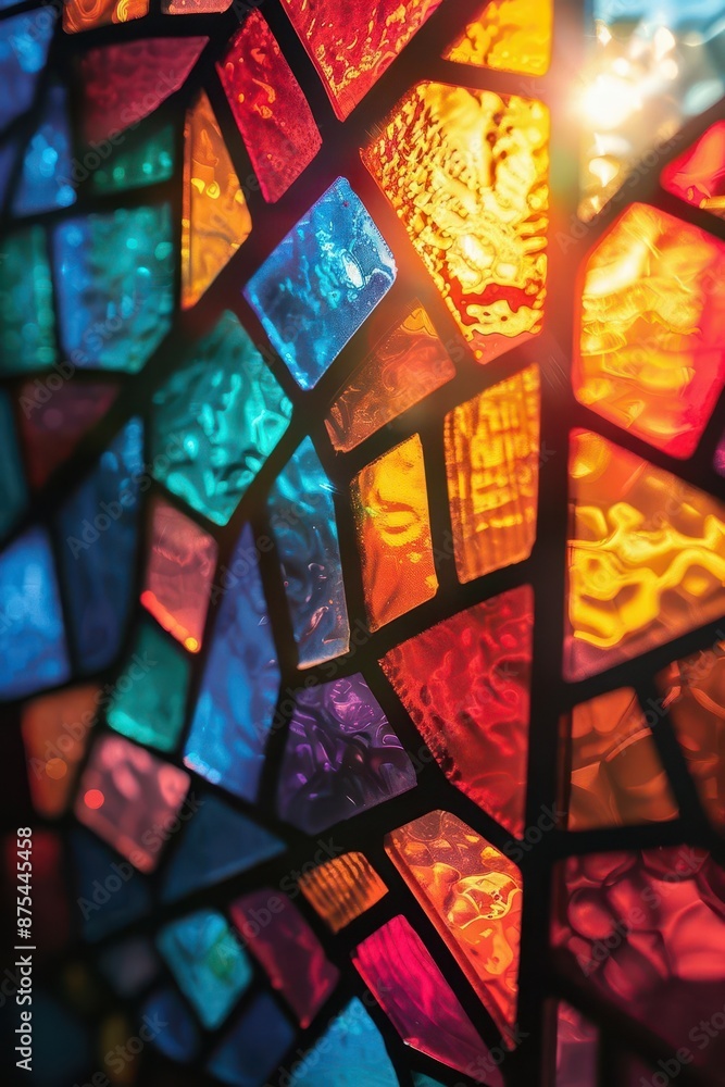 Poster a close-up of colorful stained glass with light shining through, creating a mesmerizing display of v