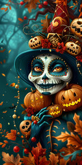 Halloween Witch with Sugar Skull Face Paint and Pumpkin Decorations in Autumn Forest