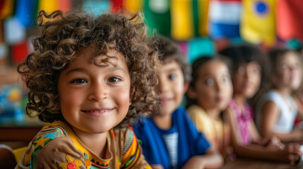 Happy Elementary Student Smiling in Diverse Multicultural Classroom Back to School Concept