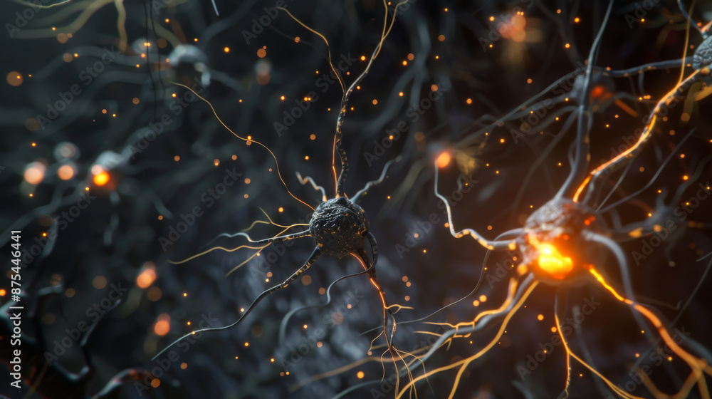 Poster a close up of a brain with many neurons and a lot of glowing lights. concept of complexity and myste
