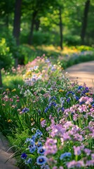 A pastel-colored flower bed beside a winding path in a park.