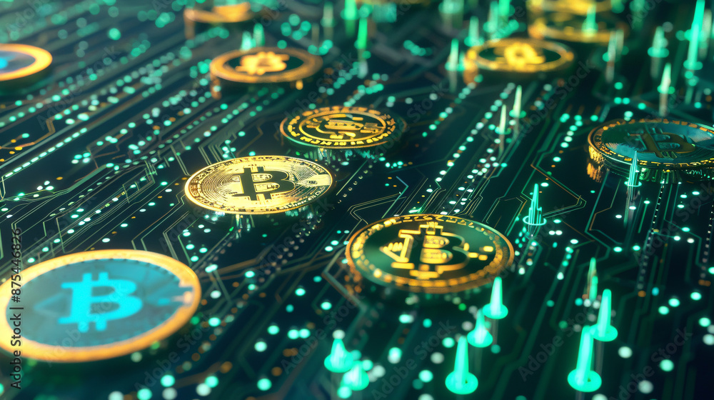 Poster cryptocurrency fintech theme with businessman using a tablet computer