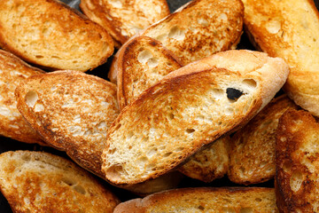 Toasts from sliced baguette, close up view