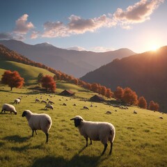 Fototapeta premium Sheep flock grazing in mountains on green grass meadow