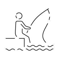 Minimal fishing icon of outdoor recreation including line, lure, lake, boat, dock, hook, pole, reel, worm, tackle box and clothing such as waders and a vest
