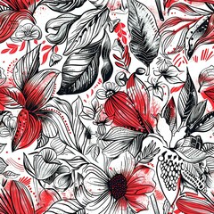 Detailed Botanical Line Art Pattern with Red and Black Elements