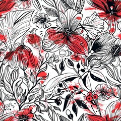 Red and Black Floral and Leaf Sketch Seamless Pattern