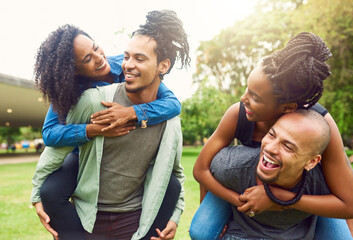 Outdoor, smile and piggyback for couple, group and fun in double date, nature and peace for love. African men, carrying and women with trust in race for fun, people and laughing in woods and games