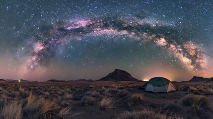 A tent pitched in a desert landscape