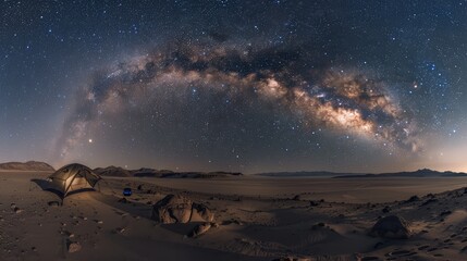 A tent pitched in a desert landscape