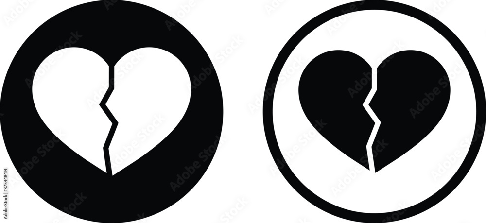 Poster broken heart icon set in two styles . broken heart in circle icon vector