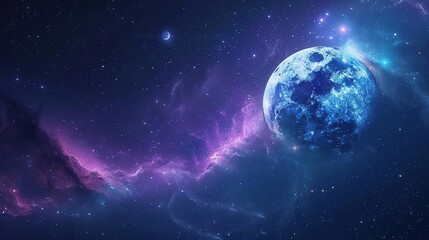 Obraz premium Moon and stars over a galaxy backdrop, deep blues and purples, swirling stars and space for text in the lower right corner, cosmic beauty
