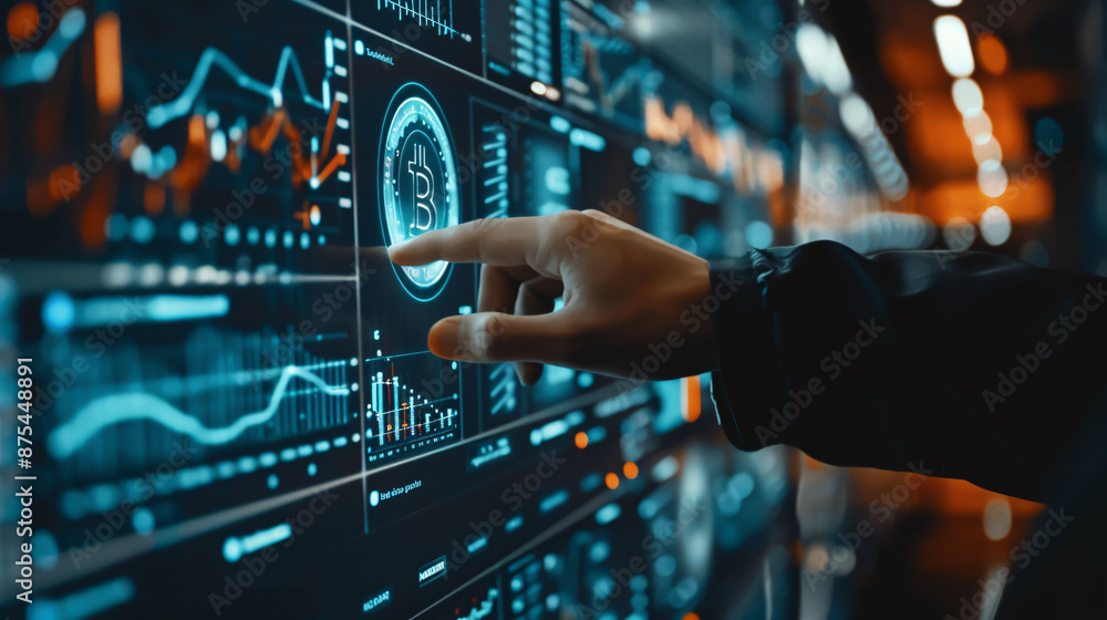 Poster crypto trading theme with hand pressing a button on a technology screen