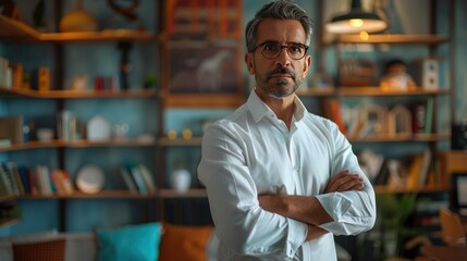 Fototapeta premium Businessman standing confidently, arms crossed, professional office, shelves, modern decor.