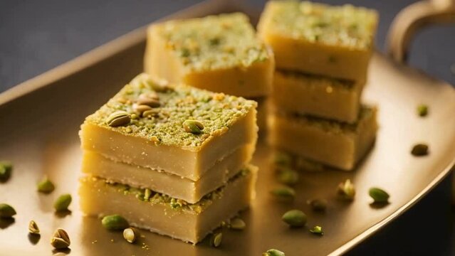 A close-up shot of a single soan papdi, its delicate, crispy layers resembling spun gold, dusted with pistachios and cardamom