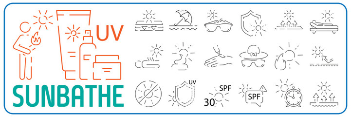 Sun Protection Related Vector Line Icon set. Icons as Sunscreen, Sunglasses, UV rays exposure time and more. Summer vacation