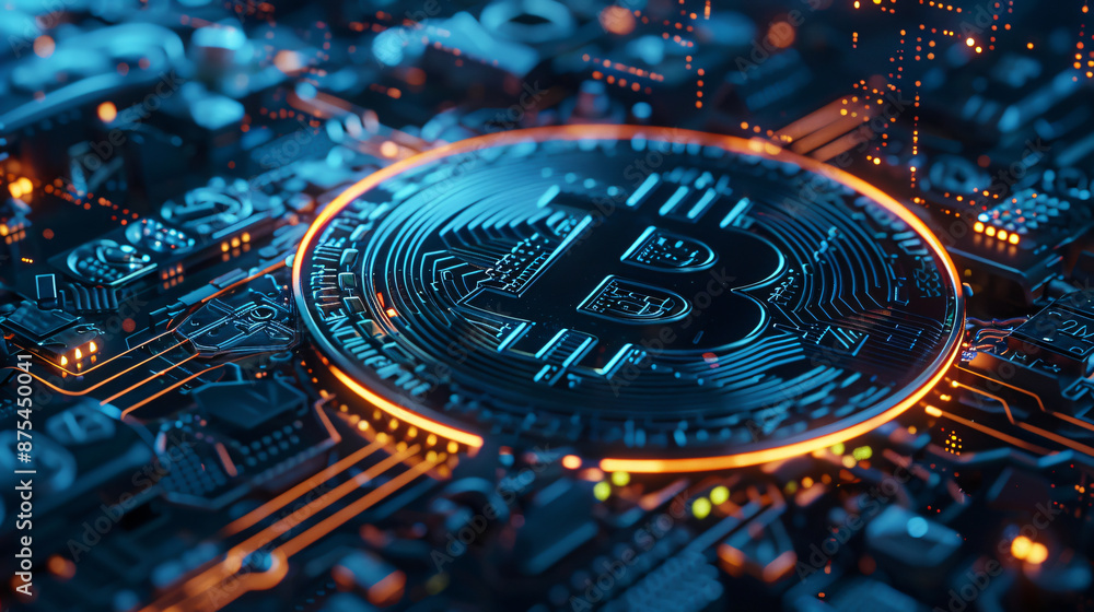 Poster cryptocurrency blockchain in the background.