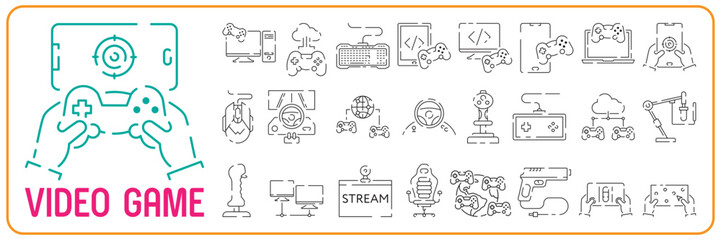 Video games line icon set. Game genres and attributes. Controller, joystick and computer. Game console