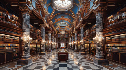 Obraz premium Ornate University Library Interior with Bookshelves, Marble Columns, and Grand Chandelier - Back to School, Education Concept