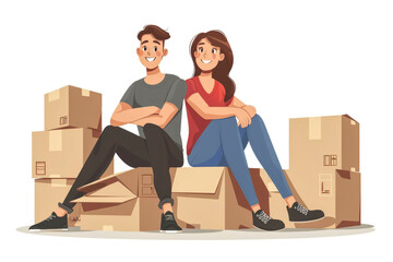 Concept of moving to a new home. a man and a woman are sitting on the floor, there are boxes around them. in vector style