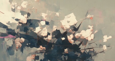 Fototapeta premium Abstract Painting with Large Brush Strokes, Muted Colors of Peach and Grey, Accents of Red