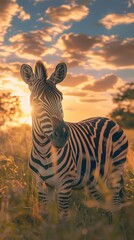 Obraz premium A striking zebra standing in the grasslands with a beautiful sunset.