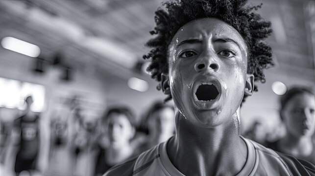 Black and White Close-up of Determined Male Student Athlete Sweating During School Pep Rally in Gym