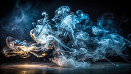 Ethereal wisps of smoke rise from mysterious darkness, illuminated against a black backdrop, evoking an otherworldly atmosphere of mystery and intrigue.
