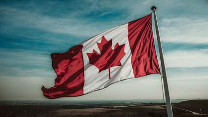 Windswept Canadian Flag Against Blue Sky