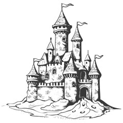Obraz premium Hand-Drawn Fairytale Castle Illustration: Monochrome Ink Sketch