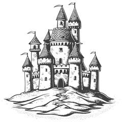 Obraz premium Hand-Drawn Fairytale Castle on Hilltop, Vintage Ink Illustration