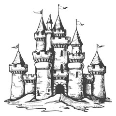 Obraz premium Hand-Drawn Fairytale Castle Illustration: Majestic Stone Fortress with Turrets and Flags