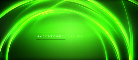 Neon glowing circle rays, light round lines in the dark, planet style neon wave lines. Energetic electric concept design for wallpaper, banner, background