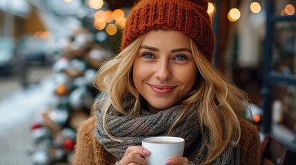 A smiling woman in a knit hat and scarf enjoys a hot drink in a festive outdoor setting, surrounded by holiday decorations and twinkling lights, evoking a cozy seasonal vibe.