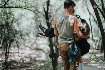 Man carrying woman while hiking on a forest trail. Capturing themes of adventure, teamwork, and outdoor exploration.