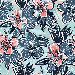 Retro Hawaiian Hibiscus and Leaves Seamless Pattern